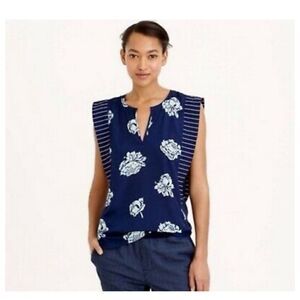 J. Crew Women's Sleeveless Blouse Size 0P Graphic Peony Top Navy Blue Floral